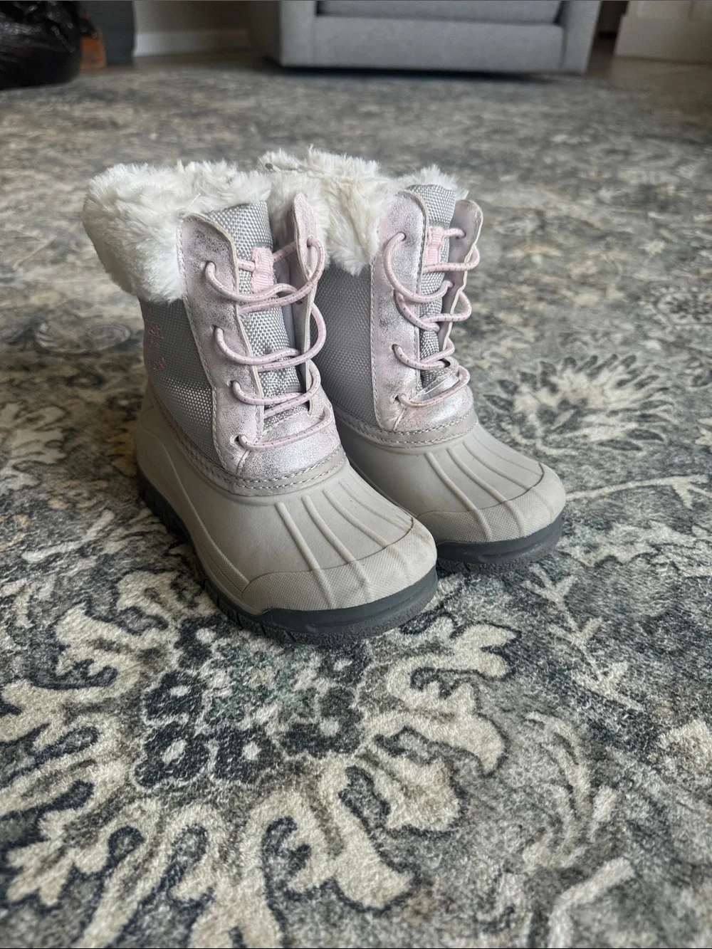 Kids Oshkosh Pink and Gray Winter Snow Boots with Faux Fur